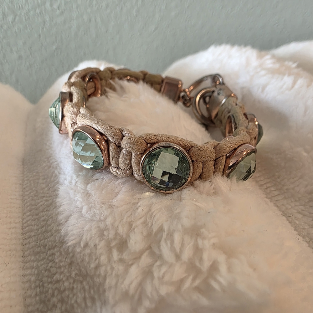Tan Bracelet with Green Gem Accents - Picture 4 of 12